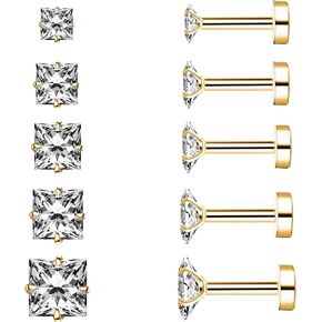 KWUNCCI Princess Cut Clear Cubic Zirconia Stud Earrings for Women Men Square Earrings Studs Hypoallergenic Surgical Steel Helix Screw Back Earrings 18G 5 Pairs 3-7mm in Saudi Arabia