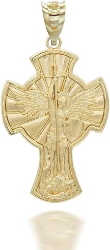 10K Yellow, White, or Rose Gold Saint Michael The Archangel Medallion Cross Pendant - Choice of Metal Color in Kuwait