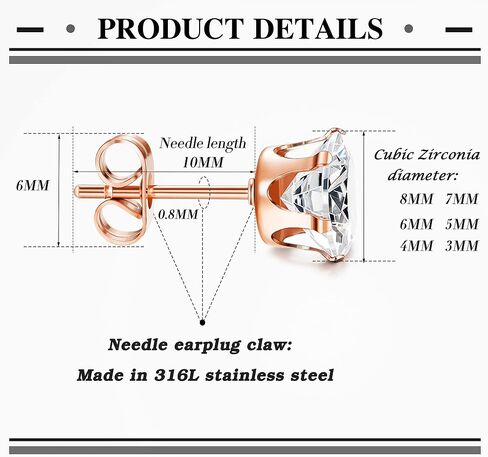 Jstyle Stud Earrings for Women Mens Stainless Steel Earrings, 3-8mm Round Cubic Zirconia Earrings Studs Ear Piercing Jewelry Set in Kuwait