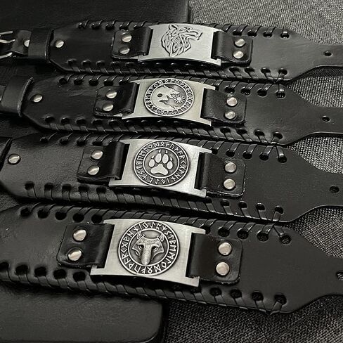 4 PCS Viking Leather Bracelet - Medieval Leather Cuff Wristband of Wolf Fenrir in Saudi Arabia