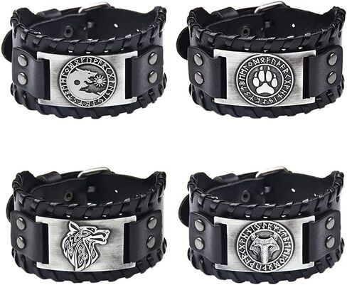 4 PCS Viking Leather Bracelet - Medieval Leather Cuff Wristband of Wolf Fenrir in Saudi Arabia