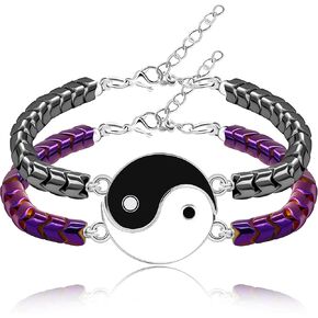 2 Yin Yang Bracelets Set for Couples - His and Hers Hematite Beads Bracelets for Men Women with Extended Stainless Steel Chain, Matching Puzzle Yinyang Bracelets for Boyfriend Girlfriend Best Friends