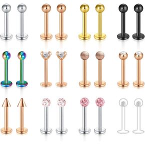 Mayhoop 16G 24Pcs Stainless Steel Labret Studs Lip Rings Retainer Cartilage Tragus Helix Earring Barbell Monroe Medusa Piercing Jewelry with Clear Diamond CZ 8mm Bar Length for Women Men in Saudi Arabia