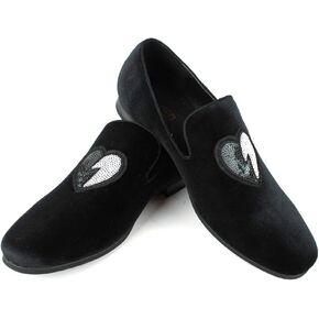 ÃZARMAN Men's Velvet Slip On Black & White Sequin Heart Embroidered Dress Loafers in Kuwait