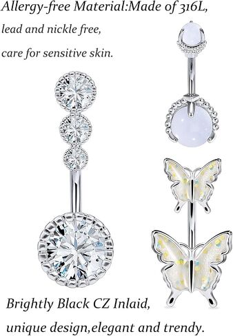 Vsnnsns 14G Belly Button Rings Belly Rings for Women Stainless Steel CZ Opal Belly Button Piercing Jewelry Belly Bars Curved Navel Ring Barbell Body Jewelry Piercing for Women Men 18Pcs in Kuwait