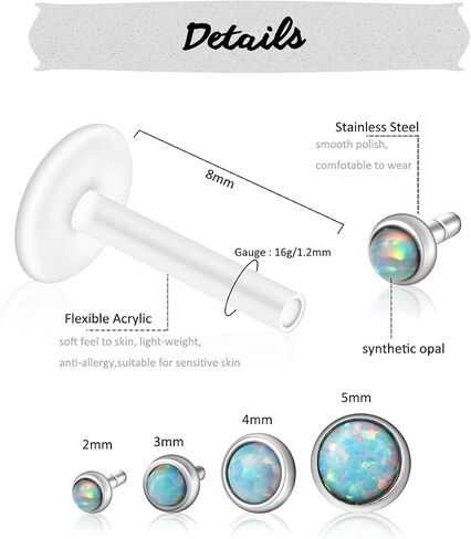 PiercingJ 8-10 قطع 16 جرام من الفولاذ المقاوم للصدأ + الأشعة فوق البنفسجية المرنة من الأكريليك أوبال كريستال الزنمة التجنيب المرن من الأكريليك لحلقة الشفاه Labret Monroe Studs Tragus Helix Cartilage Barbell Earring in Kuwait