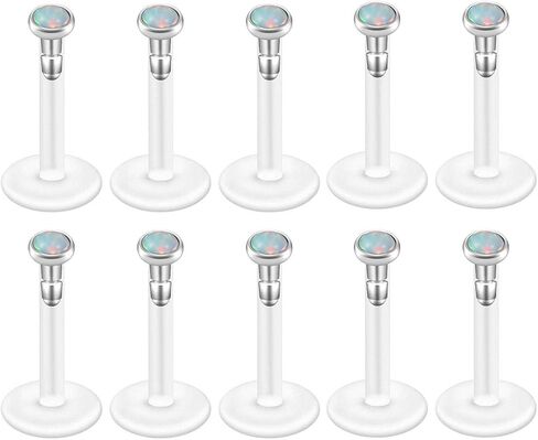 PiercingJ 8-10 قطع 16 جرام من الفولاذ المقاوم للصدأ + الأشعة فوق البنفسجية المرنة من الأكريليك أوبال كريستال الزنمة التجنيب المرن من الأكريليك لحلقة الشفاه Labret Monroe Studs Tragus Helix Cartilage Barbell Earring in Kuwait