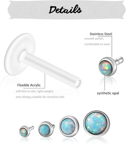 PiercingJ 8-10 قطع 16 جرام من الفولاذ المقاوم للصدأ + الأشعة فوق البنفسجية المرنة من الأكريليك أوبال كريستال الزنمة التجنيب المرن من الأكريليك لحلقة الشفاه Labret Monroe Studs Tragus Helix Cartilage Barbell Earring in Kuwait