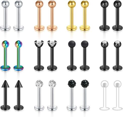 Mayhoop 16G 24Pcs Stainless Steel Labret Studs Lip Rings Retainer Cartilage Tragus Helix Earring Barbell Monroe Medusa Piercing Jewelry with Clear Diamond CZ 8mm Bar Length for Women Men in Saudi Arabia