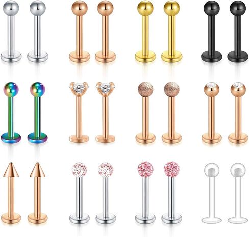 Mayhoop 16G 24Pcs Stainless Steel Labret Studs Lip Rings Retainer Cartilage Tragus Helix Earring Barbell Monroe Medusa Piercing Jewelry with Clear Diamond CZ 8mm Bar Length for Women Men in Saudi Arabia