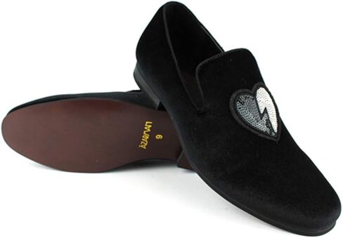 ÃZARMAN Men's Velvet Slip On Black & White Sequin Heart Embroidered Dress Loafers in Saudi Arabia