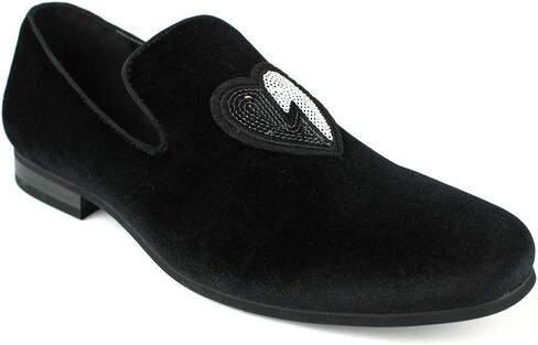 ÃZARMAN Men's Velvet Slip On Black & White Sequin Heart Embroidered Dress Loafers in Saudi Arabia