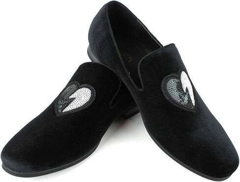 ÃZARMAN Men's Velvet Slip On Black & White Sequin Heart Embroidered Dress Loafers in Saudi Arabia