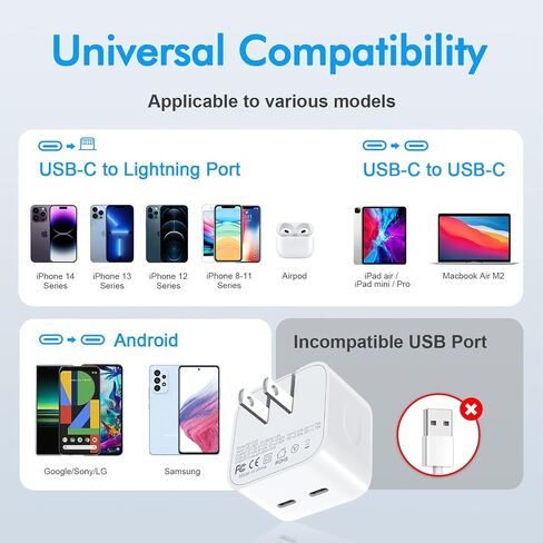 35W Dual USB-C Port - Compact Power Adapter Foldable USB Type C Plug Fast Wall Charger with 2Pcs 5FT C to L, C to C Charging Cord for iPhone 14 13 12 11 Pro Max Plus Mini, iPad, MacBook Air in Saudi Arabia