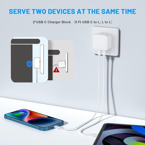 35W Dual USB-C Port - Compact Power Adapter Foldable USB Type C Plug Fast Wall Charger with 2Pcs 5FT C to L, C to C Charging Cord for iPhone 14 13 12 11 Pro Max Plus Mini, iPad, MacBook Air in Saudi Arabia