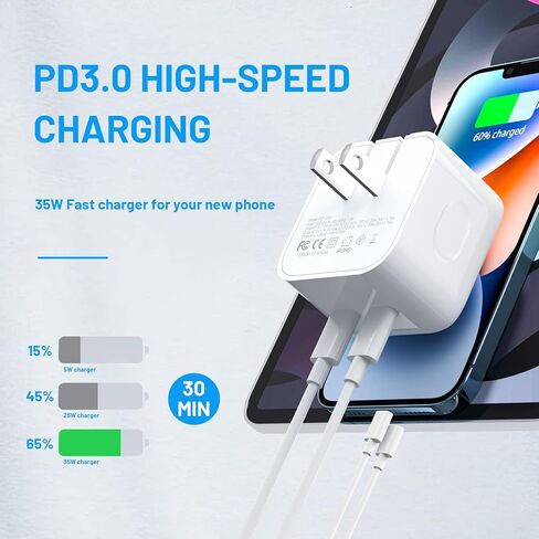 35W Dual USB-C Port - Compact Power Adapter Foldable USB Type C Plug Fast Wall Charger with 2Pcs 5FT C to L, C to C Charging Cord for iPhone 14 13 12 11 Pro Max Plus Mini, iPad, MacBook Air in Saudi Arabia