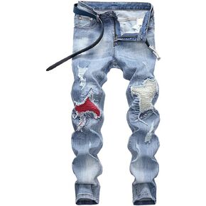 utcoco Men's Slim Fit Mid Waist Straight Leg Ripped Distressed Holes Classic Denim Patches Jeans
