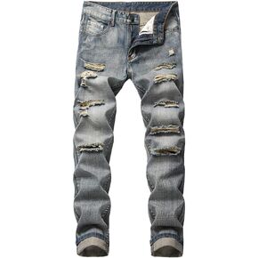 utcoco Men's Slim Fit Mid Waist Straight Leg Ripped Distressed Holes Classic Denim Patches Jeans in Saudi Arabia