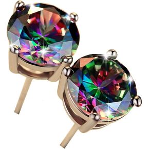 18K White Gold Plated Rainbow Quartz Stud Earrings Colourful Fashion CZ Created Mystic Stud Earrings Round Solitaire Mystic Earrings Hypoallergenic for Women Men Jewelry Gifts in Saudi Arabia