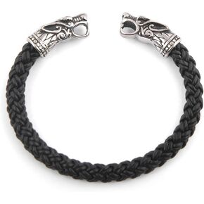 BaviPower Handcrafted Fenrir Wolf Head Torc Bangle Bracelet ♦ Flexible ♦ Genuine Leather ♦ Stainless Steel ♦ Norse Scandinavian Bracelet ♦ Authentic Viking Men Bracelet in Saudi Arabia