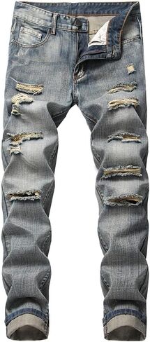 utcoco Men's Slim Fit Mid Waist Straight Leg Ripped Distressed Holes Classic Denim Patches Jeans in Saudi Arabia
