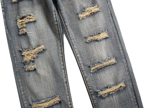 utcoco Men's Slim Fit Mid Waist Straight Leg Ripped Distressed Holes Classic Denim Patches Jeans in Saudi Arabia