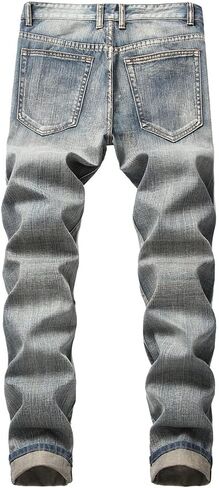utcoco Men's Slim Fit Mid Waist Straight Leg Ripped Distressed Holes Classic Denim Patches Jeans in Saudi Arabia