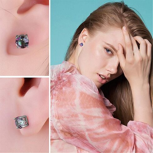 18K White Gold Plated Rainbow Quartz Stud Earrings Colourful Fashion CZ Created Mystic Stud Earrings Round Solitaire Mystic Earrings Hypoallergenic for Women Men Jewelry Gifts in Saudi Arabia