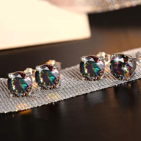 18K White Gold Plated Rainbow Quartz Stud Earrings Colourful Fashion CZ Created Mystic Stud Earrings Round Solitaire Mystic Earrings Hypoallergenic for Women Men Jewelry Gifts in Saudi Arabia