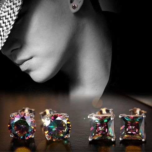 18K White Gold Plated Rainbow Quartz Stud Earrings Colourful Fashion CZ Created Mystic Stud Earrings Round Solitaire Mystic Earrings Hypoallergenic for Women Men Jewelry Gifts in Saudi Arabia