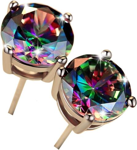 18K White Gold Plated Rainbow Quartz Stud Earrings Colourful Fashion CZ Created Mystic Stud Earrings Round Solitaire Mystic Earrings Hypoallergenic for Women Men Jewelry Gifts in Saudi Arabia