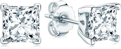 Moissanite Square / Rectangle Stud Earrings, 925 Sterling Silver with 18K White Gold Plating, Jewelry Box Packed in Saudi Arabia