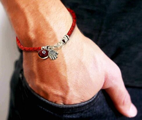 8" Hamsa Hand Protection Bracelet for Men - Silver Hamsa Charm on Red Leather Evil Eye Bracelet for Men - Ojo Bracelet - Red Protection Bracelet Jewelry - Gift for Dad, Boyfriend, Husband in Saudi Arabia