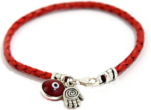 8" Hamsa Hand Protection Bracelet for Men - Silver Hamsa Charm on Red Leather Evil Eye Bracelet for Men - Ojo Bracelet - Red Protection Bracelet Jewelry - Gift for Dad, Boyfriend, Husband in Saudi Arabia