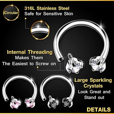 Surgical Steel Internally Threaded Horseshoe Hoop 16 gauge 5/16 8mm 3mm CZ Lobe Earrings Helix Piercing Jewelry Choose Colors in Kuwait