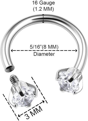 Surgical Steel Internally Threaded Horseshoe Hoop 16 gauge 5/16 8mm 3mm CZ Lobe Earrings Helix Piercing Jewelry Choose Colors in Kuwait