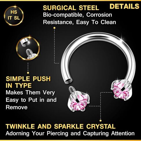Surgical Steel Internally Threaded Horseshoe Hoop 16 gauge 5/16 8mm 3mm CZ Lobe Earrings Helix Piercing Jewelry Choose Colors in Kuwait