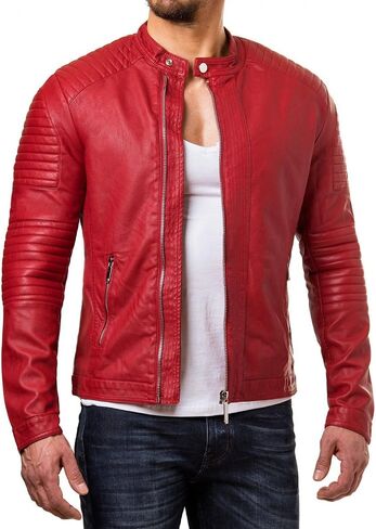 Leather Lifestyle Lambskin Real Leather Jacket Men's Slim fit Biker Motorcycle Red MJ88 in Saudi Arabia