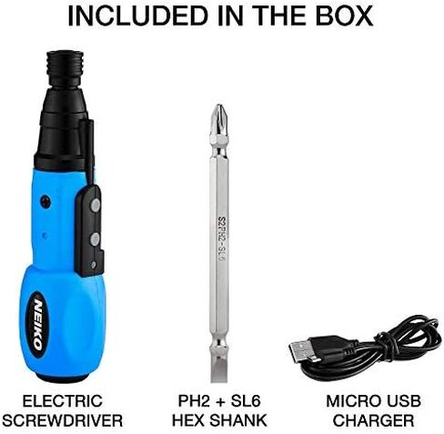 NEIKO 10577A Cordless Power Screwdriver | 1/4” Hex Auto-Lock Safety Chuck | Includes Phillips and Flathead Bit | USB Rechargeable Lithium-Ion Technology | Auto and Manual Mode in Saudi Arabia
