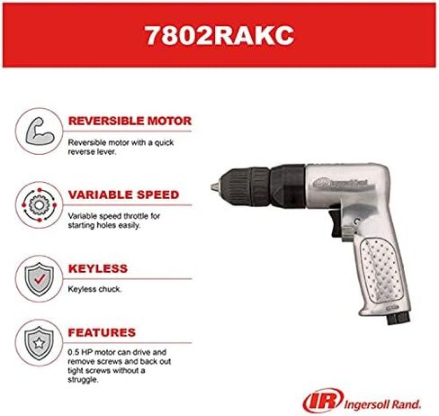 Ingersoll Rand 7802RAKC 3/8" Reversible Air Drill | Max rotational speed up to 2,000 rpm, keyless chuck, ideal for drilling in tight spaces in Saudi Arabia
