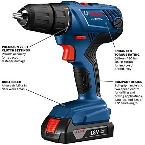 Bosch GSR18V-190B22 18V Compact 1/2" Drill/Driver Kit with (2) 1.5 Ah Slim Pack Batteries in Kuwait