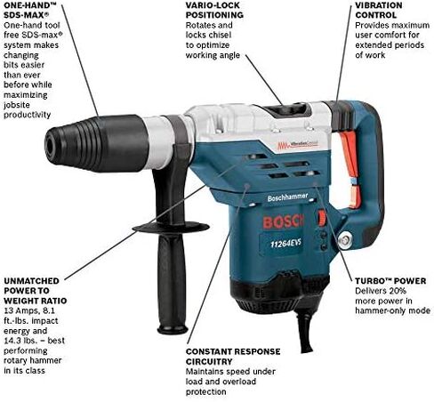 Bosch 11264EVS Rotary Hammer Drill | 13.0 Amp, 120V, SDS Max, 6.5 ft.-lbs. Impact Energy, Vibration Control, Hammer-Only Mode, One-Handed Tool-Free Bit System, 170-340 RPM | 6.5 ft-lb impact energy, vibration control, chisel mode, tool-free bit system, 17 in Saudi Arabia