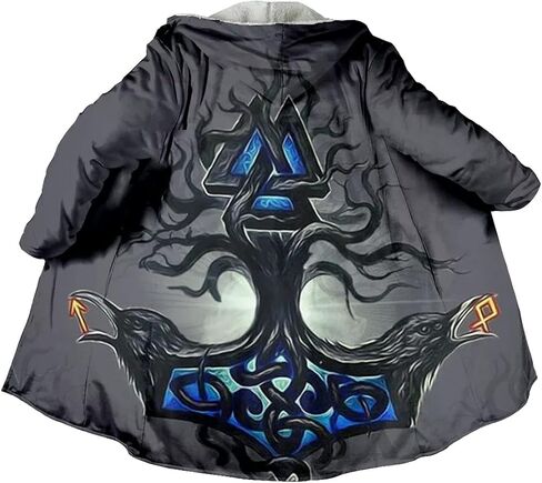 Winter Thermal Coat Hooded Cloak for Men, Viking Faux Cashmere Jacket Cosplay Cape 3D Printing Nordic Clothing in Saudi Arabia