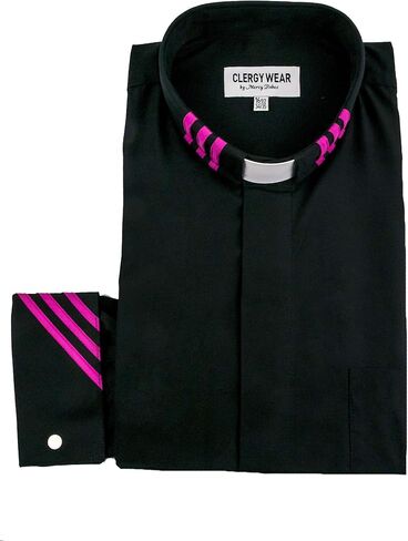 Mercy Robes Two Tone Mens Long Sleeve TAB Collar French Cuff Clergy Shirt (Black/Fuchsia Placket) in Saudi Arabia