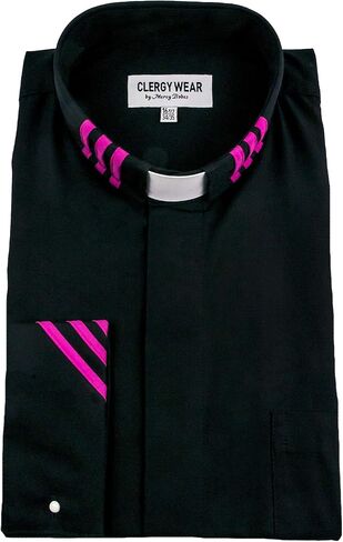 Mercy Robes Two Tone Mens Long Sleeve TAB Collar French Cuff Clergy Shirt (Black/Fuchsia Placket) in Saudi Arabia