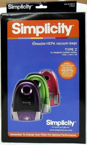 Simplicity SZH-6 Jill Canister Vacuum Replacement Bags with Certified Hepa Media, Fits with Simplicity Jill, Jack, and Snap Bagged Vacuum Canister Models, Type Z Bags, 6-pack Set in Kuwait