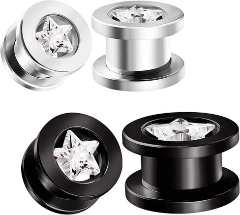 BIG GAUGES 2 Pairs 316L Surgical Steel Black Anodized Screw Flesh Tunnels Piercing Jewelry Clear Star Stone Ear Stretching Lobe Plugs in Saudi Arabia