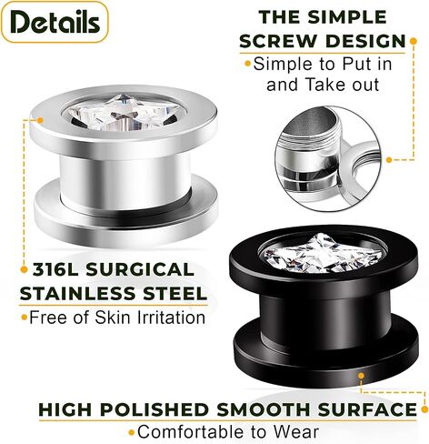 BIG GAUGES 2 Pairs 316L Surgical Steel Black Anodized Screw Flesh Tunnels Piercing Jewelry Clear Star Stone Ear Stretching Lobe Plugs in Saudi Arabia