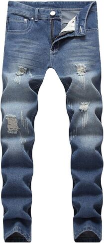 Andongnywell Men's Slim Fit Black Stretch Destroyed Denim Pants Skinny Fit Stretchy Distressed Jeans Ripped Trousers in Kuwait