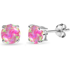 Sterling Silver 6mm Round Synthetic Opal Stud Earrings for Women Girls
